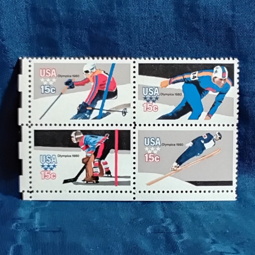 Uncirculated USA 1980 Olympics Team USA Block of Four 15 Cent Airmail Stamps!!